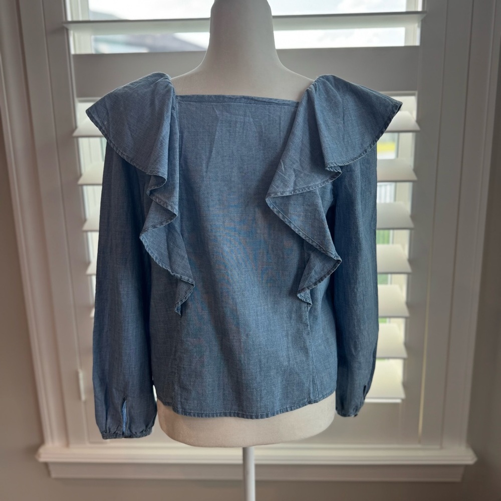 J. Crew Chambray Ruffle Blouse - Picture 2 of 3